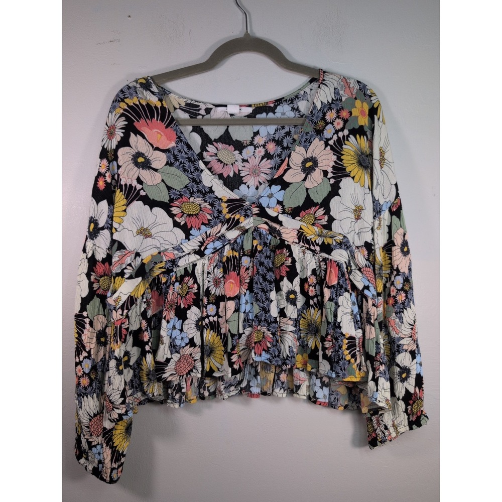 O'Neill Mary  Floral V-Neck Babydoll Cropped Blouse Womens Size M
